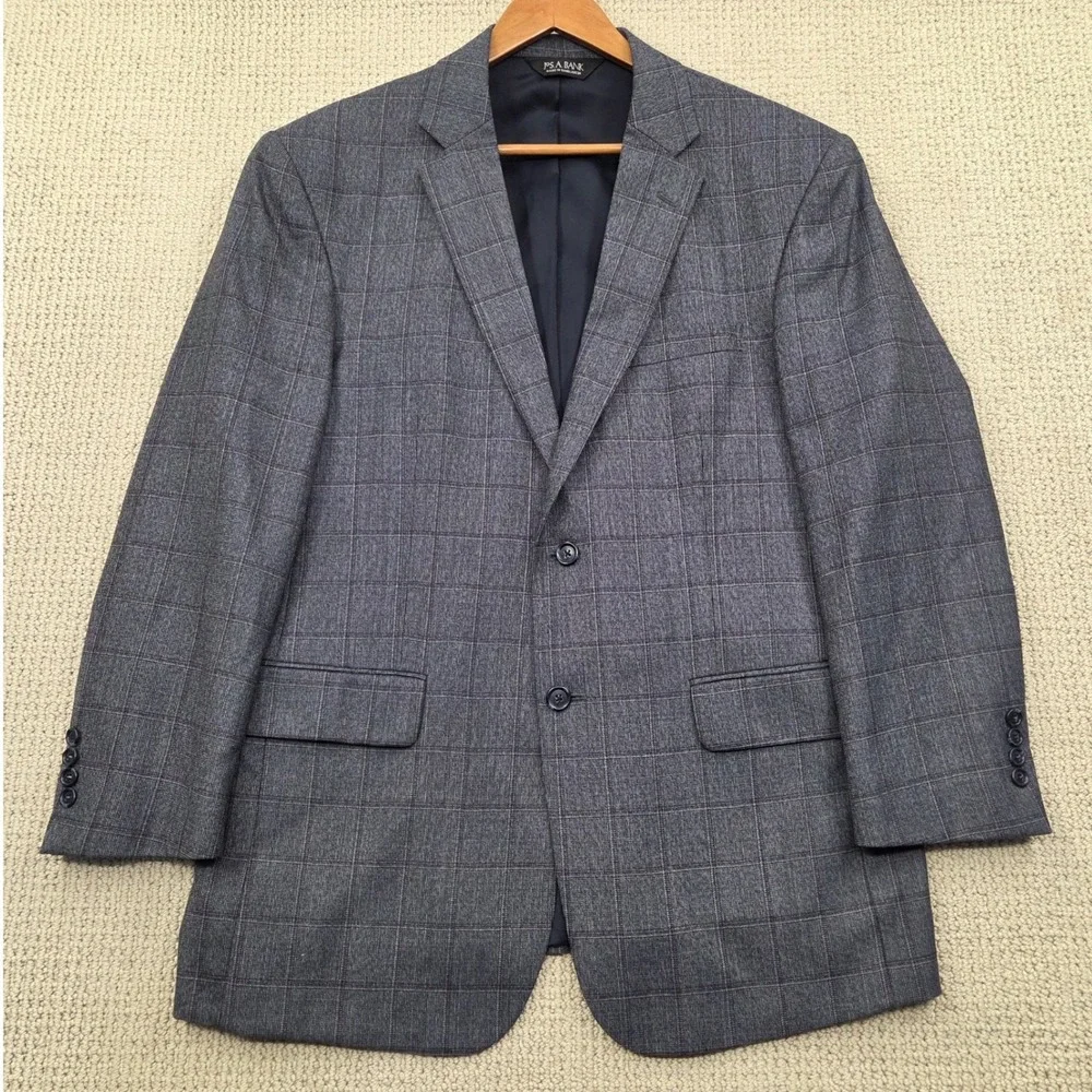 Jos A Bank Traveler's‎ Collection 42R Tailored Fit Wool Windowpane Blazer Blue